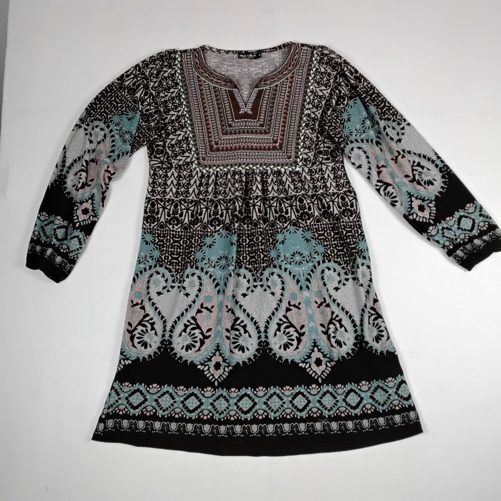 White Mark Womens Medium Paisley Print Embroidered V-Neck Boho Tunic Dress